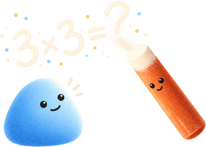 Chalk writes 3 times 3 in chalk dust for a curious learner